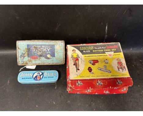 Cycling interest - a John Bull Sticky Patches and tyre repair outfit tin and a Lucas King of The Road Junior cycle lamp in or