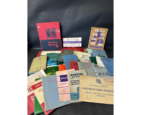 A box of car manuals, instruction books etc. inc. Austin, Wolseley, Hillman Minx, Mini, Morris Minor etc. 