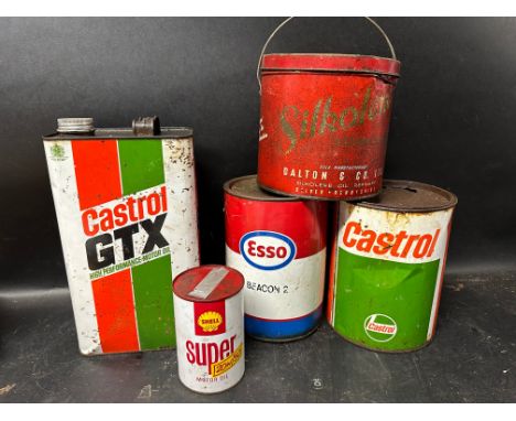 Five  motor oil and grease cans inc. Esso, Castrol GTX, Silkolene, Shell etc. 