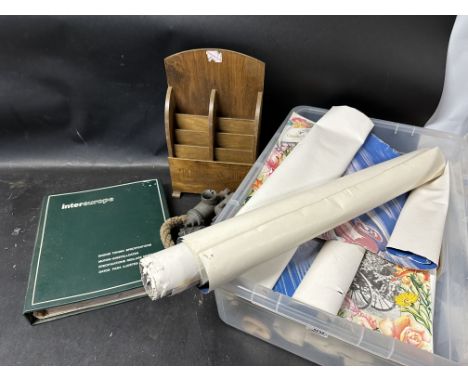 A motorcycle tail lamp and carburettor, a box of motor related posters, a Road Transport and General Insurance Company Limite