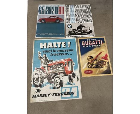 Four advertising posters: Massey-Ferguson 23 1/2 x 31 1/2", Bugatti, BMW and Porsche 911, 16 1/2 x 23 3/4".&nbsp;&nbsp;&nbsp;