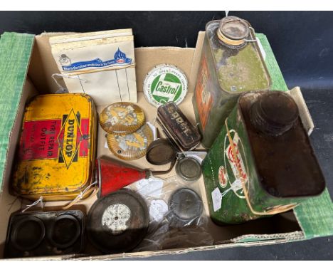 An autojumbler's lot of motoring-related items including Esso, Dunlop, Lodge Spark Plug, Castrol cap, tyre outfit etc. 