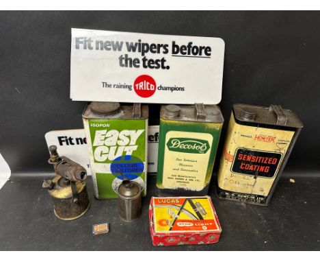 An autojumbler's lot including three gallon oil cans, Trico advertising, Lucas cycle lamp in box etc. 