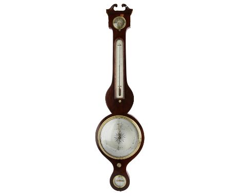 Late 18th/early 19th Century mahogany wheel barometer by F. Amadho and Son, swan neck cresting, hygrometer, thermometer and b