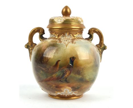 Royal Worcester twin handled potpourri and cover, painted with a cock and hen pheasant, signed Jas Stinton, date code for 191