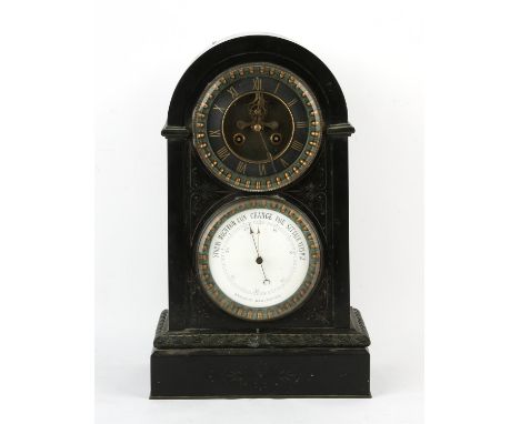 A French slate clock, late 19th Century, the dial with Roman numeral chapter ring and exposed escapement, above aneroid barom