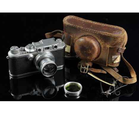 Leica IIIa D.R.P. 35mm camera No. 325058 circa 1939, with Summar f=5cm 1:2 No468213 with leather case and filterCondition Rep