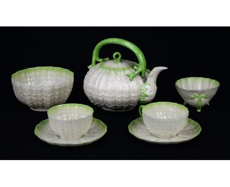 Quantity of Belleek tea wares, decorated with pale green banding, to include tea pot and cover, sugar bowl , two jugs, one wi