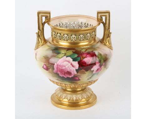 Royal Worcester twin handled Rose Jardiniere, signed A Lewis, Shape H300, date mark for 1911, H26cmCondition Report:  The con