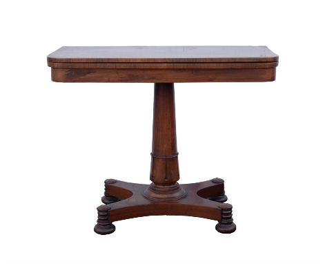 William IV rosewood card table, the tapered column with lotus leaf collar, on a quatreform base with bun feet and concealed c