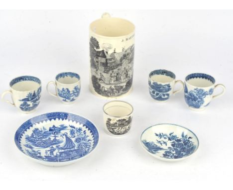 Four Worcester coffee cans, 18th century, printed with chinese scenes together with a printed cream ware tankard, late 18th/e