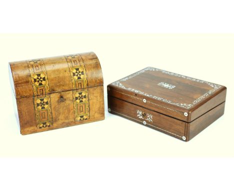 A Victorian figured walnut tea caddy, of domed form and with geometric inlay, and an early Victorian rosewood and mother of p