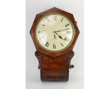 Mahogany wall clock, 19th Century, with painted dial with Roman numeral chapter ring, signed indistinctly Liverpool, with bra