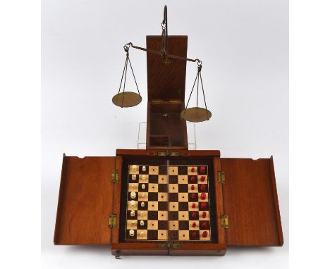 Victorian mahogany fold away travelling chess set, complete, with silver hallmarked plaque to front together with a oak cased