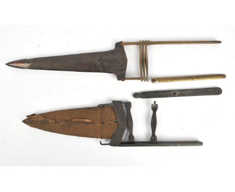 An Indian steel and inlaid Qatar, 19th Century, with a leather scabbard, 44cm long, together with another steel Qatar, (damag