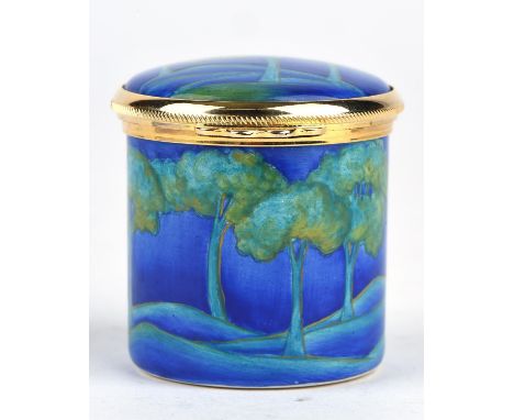 Moorcroft Enamel miniature cylindrical pot with hinged lid, in the William Moorcroft Moonlit Blue design, printed marks to ba