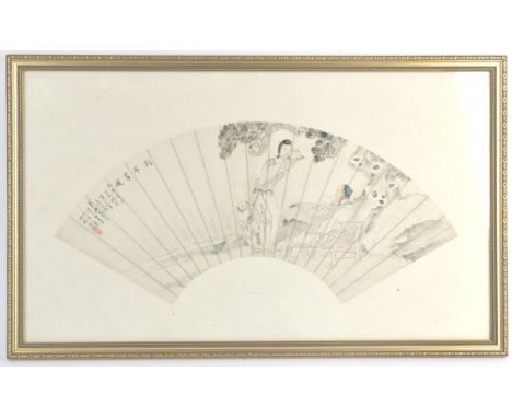 A Chinese fan picture of a seated scholar beside two other figures, framed and glazed, overall dimensions 62 x 38 cm; togethe