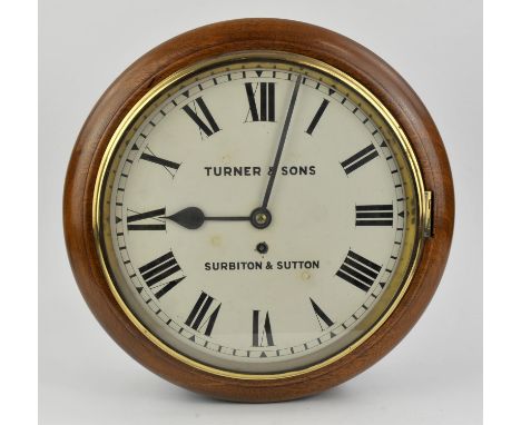 Early 20th century mahogany wall clock, the white enamel dial signed Turner & Sons Surbiton & Sutton,  chain driven single fu