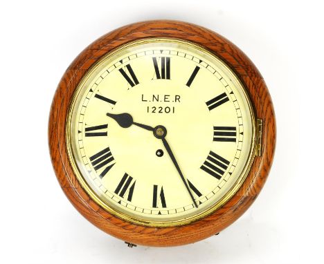 LNER oak cased wall clock, late 19th/early 20th Century, with brass single fusee movement and key, 32cm diameterCondition Rep