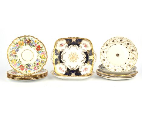A group of 19th/early 20th century porcelain plates, to include a pair of Coalport blue and gilt dishes, 26cm, two Hammersley