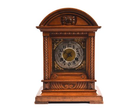 Early 20th century Edwardian mahogany eight day mantel clock with silvered dial, 36cm highCharity lot - This lot has been kin
