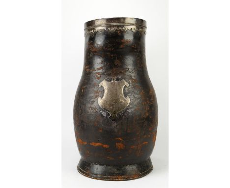 Leather and silver mounted stick stand, in the the form of a black jack, silver mounts with import mark, Birmingham, 1905, H5