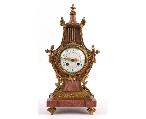 Late 19th / early 20th century French gilt metal and marble lyre clock with painted porcelain dial, the two train movement st