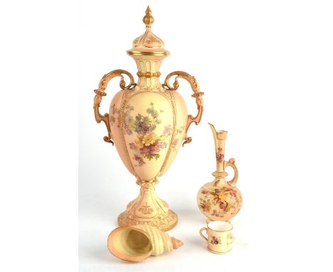 Royal Worcester blush ivory urn and cover shape no. 1973 (damaged and re-attached at base), similar jug pattern no. 783, sea 