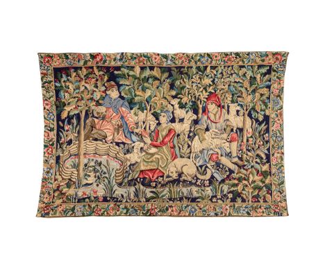 A Tapestry with hunting scne, marked 'Tapiseries du Lion' and made in France. (182 x 125 cm)