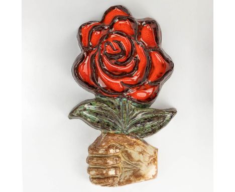 A ceramic plaque made of glazed terracotta for the SP, The Belgian socialist party. condition: small chips to the rim. (4 x 2