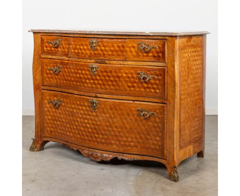 A large commode with 3 drawers and finished with marquetry inlay and a marble top. 18th century. (60 x 125 x 94 cm)