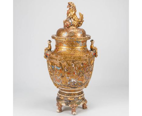 An exceptionally large Satsuma vase with lid on ceramic base, Emperor decor, Japan 19th century. Condition: Multiple restaura