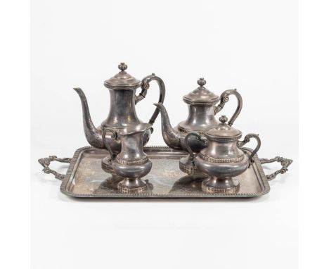 A silver-plated coffee and tea service, standing on a serving tray and marked Wiskemann. (26 cm)