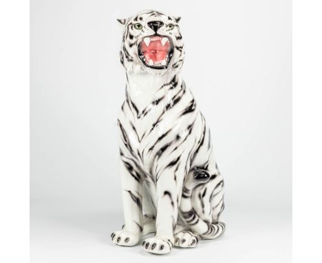 A ceramic statue of a white tiger with black stripes. Made in Italy. (35 x 35 x 77 cm)