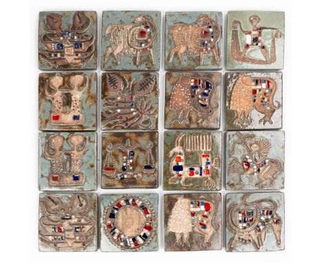 A large collection of ceramic tiles with Zodiac figurines and made by Perignem in Beernem. (15 x 15 cm)