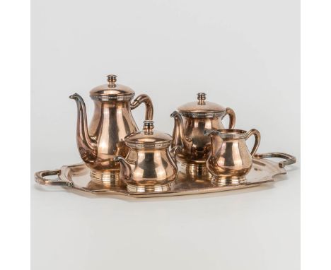 A coffee and tea service made of silver-plated metal and marked Wiskemann. Standing on the original serving tray. Measurement