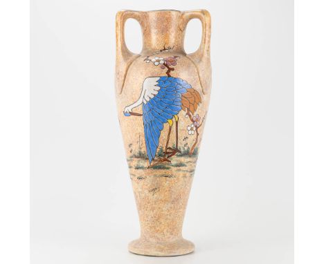 A ceramic amphora vase decorated with cranes and marked A. Dubois. Made in Belgium. (52 x 22 cm)