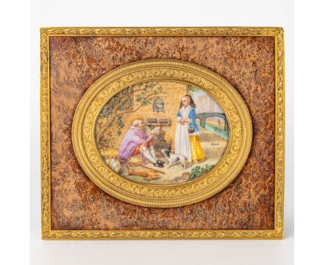 A framed miniature painting of a man holding a Chicken, a lady, and hunting trophies. Signed Dupon. 19th century. (1 x 16 x 1