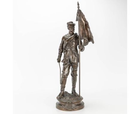 Charles ANFRIE (1833-1905) 'Quand On Voudra' a bronze statue of a soldier with flag. (15 x 24 x 60 cm)