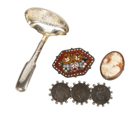 A 19th century engraved silver caddy spoon, a relief carved cameo brooch in silver mount, a micro-mosaic and silver-backed br