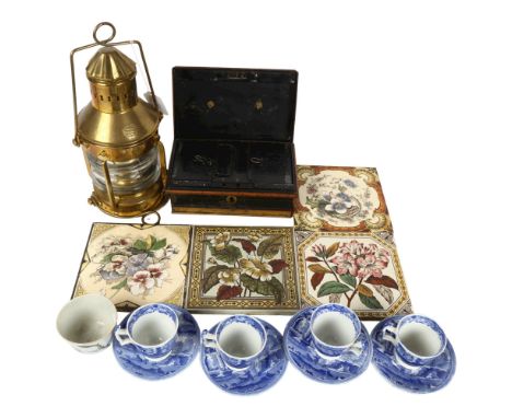 A cash tin, 4 Victorian tiles, Spode coffee ware, and a lantern 