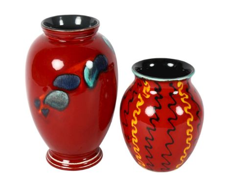 A Poole Pottery Odyssey pattern vase, height 23cm, and a Poole Pottery Strobe design vase, height 16cm 