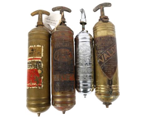 A group of 4 Vintage fire extinguishers, including a chrome plate Desmo extinguisher, and 3 brass extinguishers, Pyrene Valou