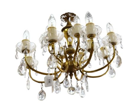 An 8-branch 2-tier brass and glass lustre chandelier, length 45cm 
