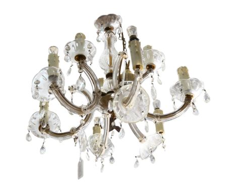 A 6-branch 2-tier brass and glass lustre chandelier, drop 50cm 