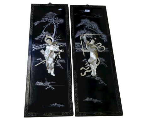 A pair of Vintage Japanese lacquered panels, with applied mother-of-pearl decoration, 94cm 