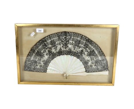A decorative Oriental style fan, lace panelled with mother-of-pearl spines, in a display case, length 56cm, height 35cm 