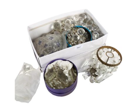 A small chandelier with lustre drops, diameter 11cm, and a boxful of cut-crystal balls, lustres etc 