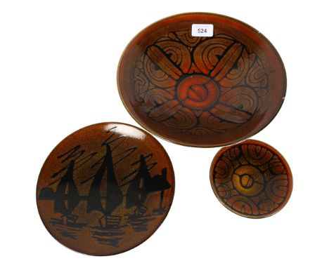 2 Poole Pottery Aegean bowls with abstract designs, largest 26.5cm, and another with a design of sailing boats 