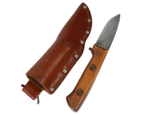 An olive wood-handled knife, with a quality Damascene decorated blade, and scabbard, knife length 20cm 